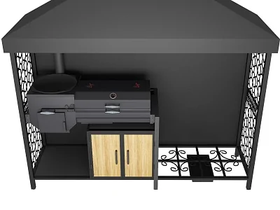 Мангальный модуль кухни барбекю К-4 с дымовым куполом, тумбой с дер. дверцами и дровницей